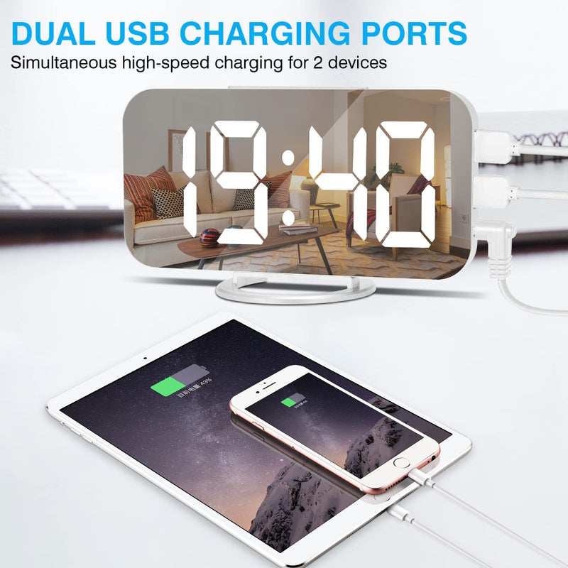 Sukeen Digital Alarm Clock,6" Large LED Display with Dual USB Charger Ports | Auto Dimmer Mode | Easy Snooze Function, Modern Mirror Desk Wall Clock for Bedroom Home Office for All People (White) - Image 4